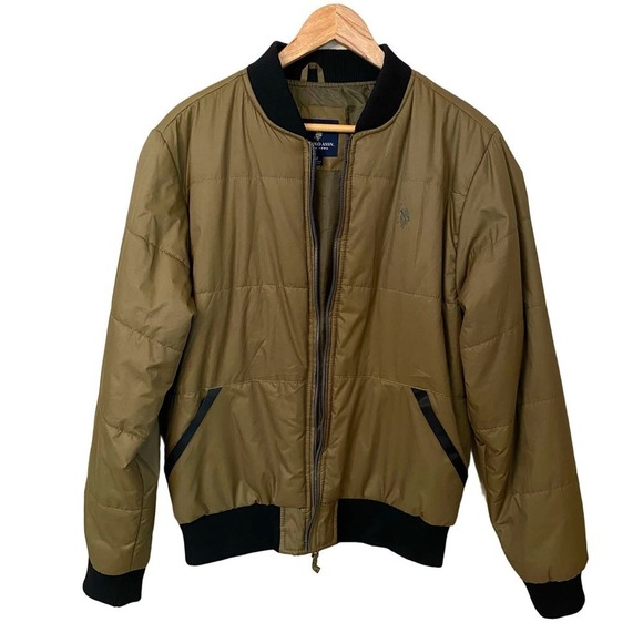 US POLO ASSN Bomber Jacket Army Green Printed Logo Recon Mens Sz Medium Gorpcore - Picture 1 of 14